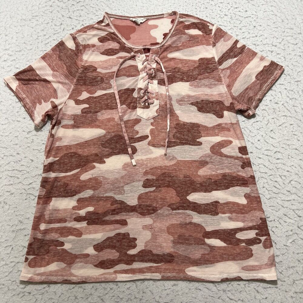 Lucky Brand Womens Large Short Sleeve Burnout T Shirt Lightweight Tie Front Camo
